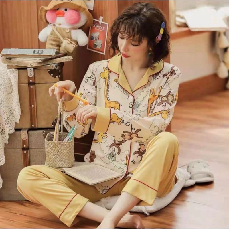 BAJU TIDUR WANITA DEWASA/PIYAMA RENDA PP/BAJU TIDUR IMPORT MURAH-Pp jerapah kuning