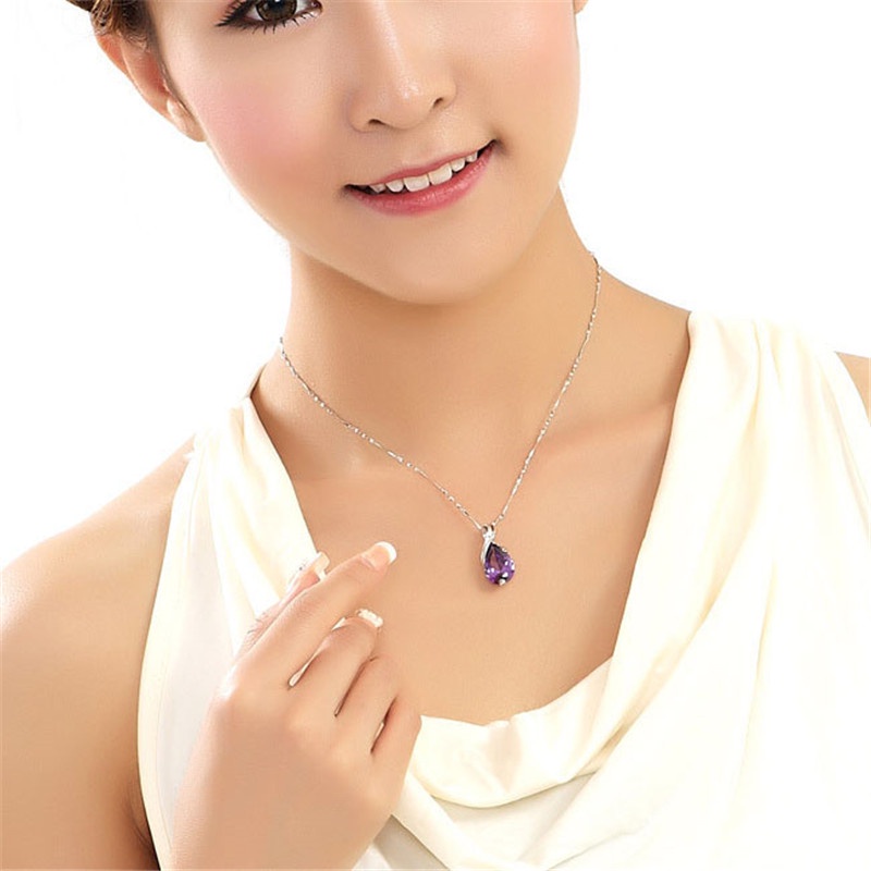 [Ready Stock]Fashion Inlaid Amethyst Drop Shape Pendant Necklace