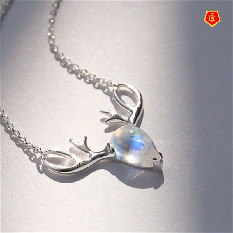 [Ready Stock]Korean Style Simple Moonstone Elk Necklace Women 925 Silver Niche