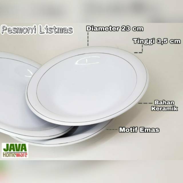 PIRING KERAMIK LIST EMAS 9 inch DIAMETER 23 CM (6 biji) PIRING PUTIH PIRING MAKAN KERAMIK 9 INCH