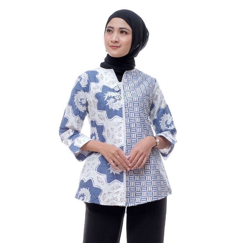tey-17 Batik wanita ASJ SA HRB026 Kenongo Kemeja Tosca Pendek-DAPEL BIRU
