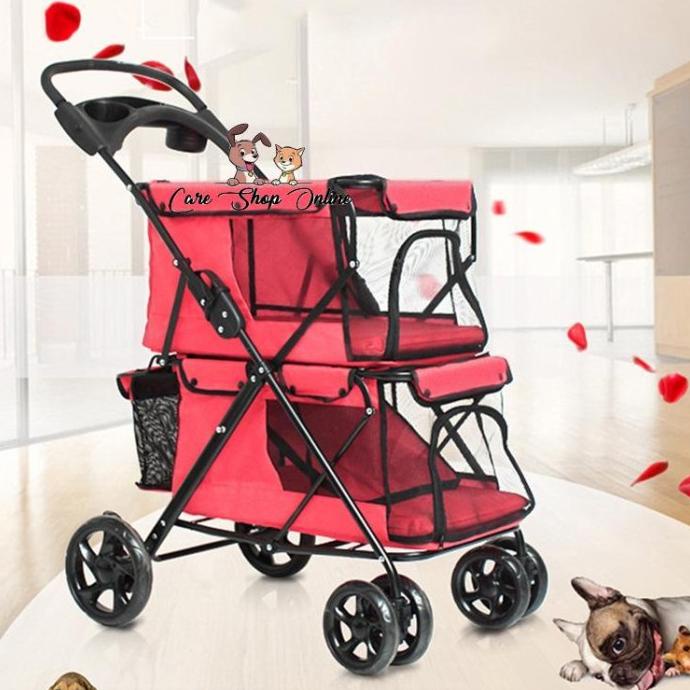 Stroller Anjing Kucing 2 Tingkat/ Pet stroller 2 carrier - Merah ---Murah---