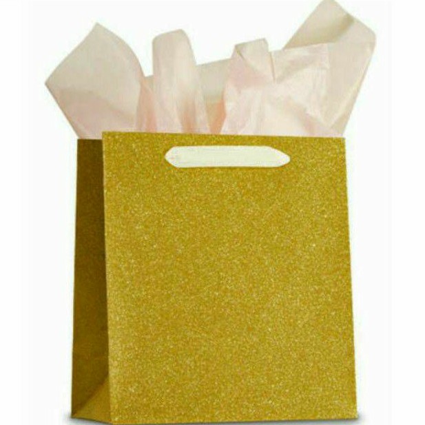 ON SALE!❤GLITTERY PAPER WRAP GOODIE HARD COVER GIFT BAG + TISSUE PAPERS PINK BIRU SILVER GOLD  BESTSELLER