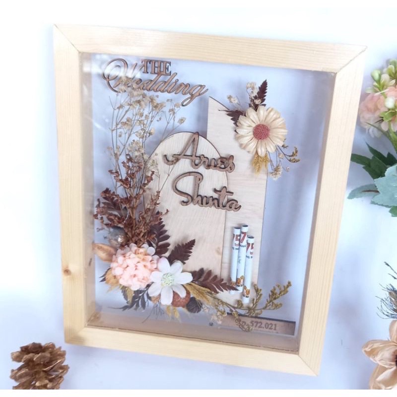 Mahar Simpel rustik kayu frame 3D • bunga kering • custom nama dan bentuk