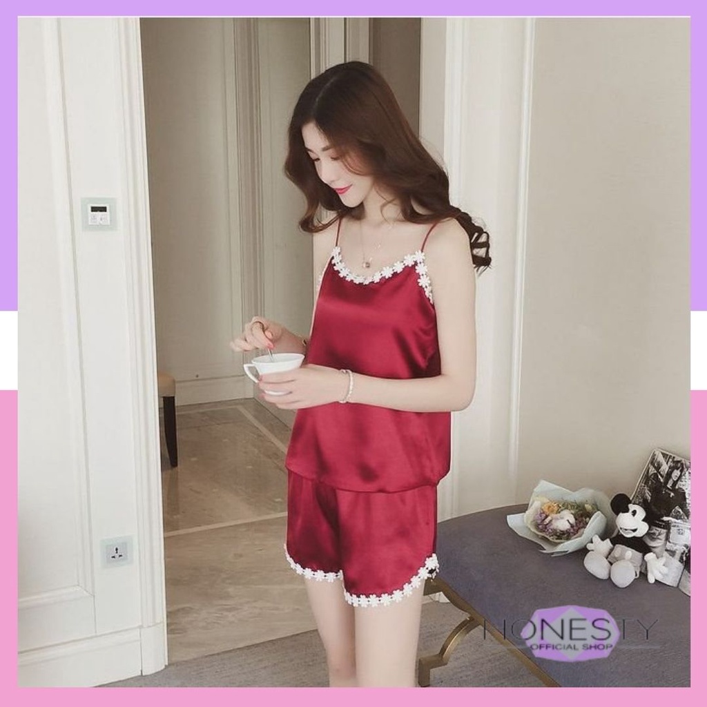 Miss H ~ 155 Lingerie Wanita Bahan Licin Baju Tidur Tanpa Lengan Setelan Baju Celana Tidur Pinggiran Motif Bunga