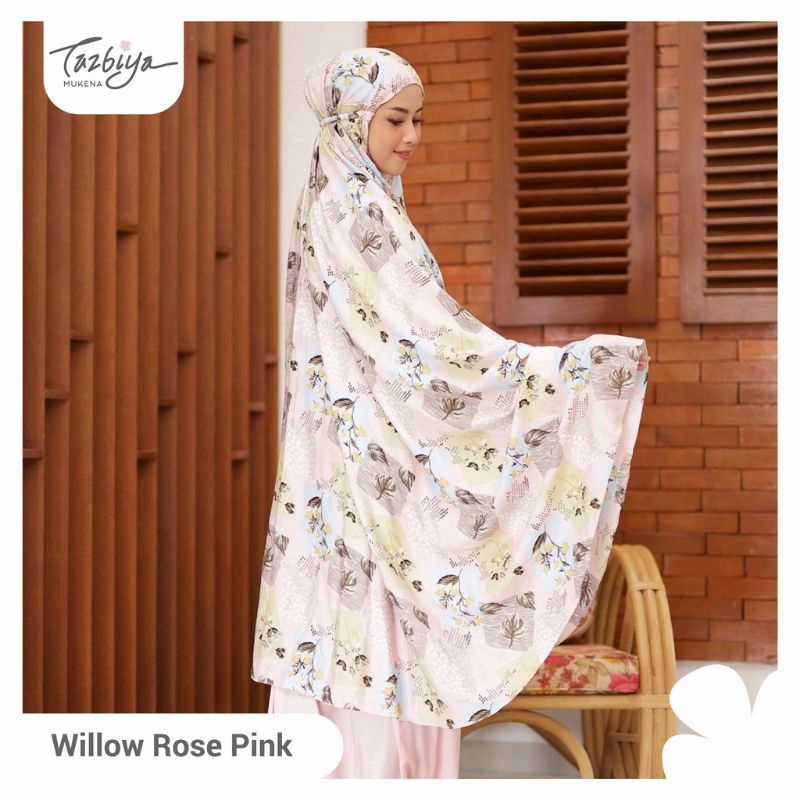 Mukena Tazbiya Willow Rose Pink Grey Jumbo Dewasa Katun Rayon Adem Motif Cantik Treveling