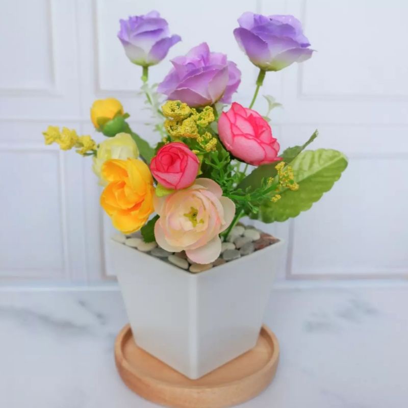 [ PROMO TERMURAH ] Bunga Artificial Rose Mix Termasuk Pot Melamin Kotak - Dekorasi ruang tamu - Bunga Plastik Grosir Import Murah