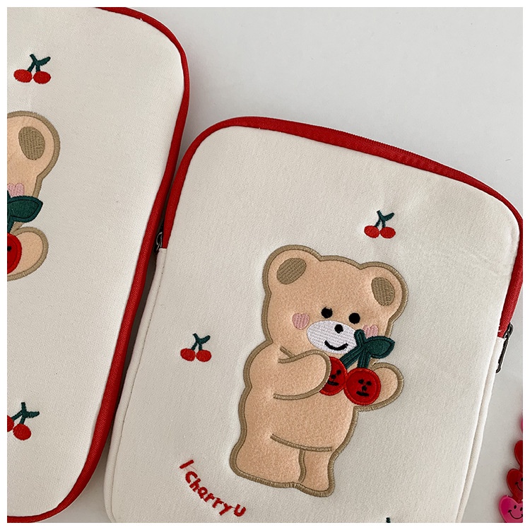 Sleeve Pouch Sarung Tas Bag Case Ipad Tab Tablet Macbook Air Pro Laptop Asus Acer Lenovo HP Huawei 11 12 13 14 15 inch Motif Gambar Cherry Bear Beruang Cery Warna Putih Merah Lucu Cute Murah Korean Model