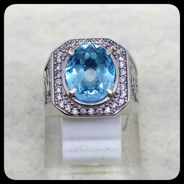 CINCIN BATU AKIK PERMATA NATURAL SWISS BLUE TOPAZ LONDON RING ALPAKA SUPER MEWAH GLAMOUR INDAH