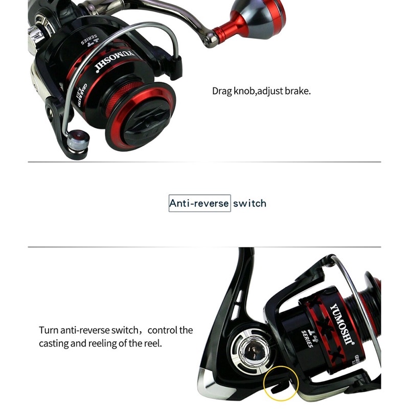 YUMOSHI RS2000-RS5000 Reel Pancing Spinning 12 Ball Bearing 5.2:1 - Black