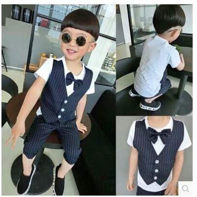 Setelan Anak Cowok Impor Kaos Rompi Dasi Hitam Putih