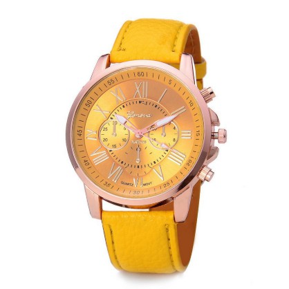 ✅COD J100 Jam Tangan Geneva Leather Quartz Fashion Wanita Import Murah Jakarta-Kuning