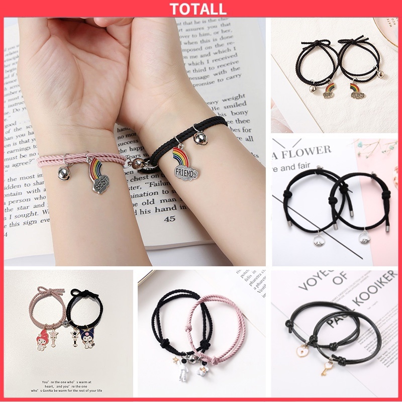 [✅COD]❤️Gelang Couple Bestie 2pcs Black Gelang Tali Kepang Creative segar kecil Adjustable Pelangi Hias Selamat Datang Untuk Membeli