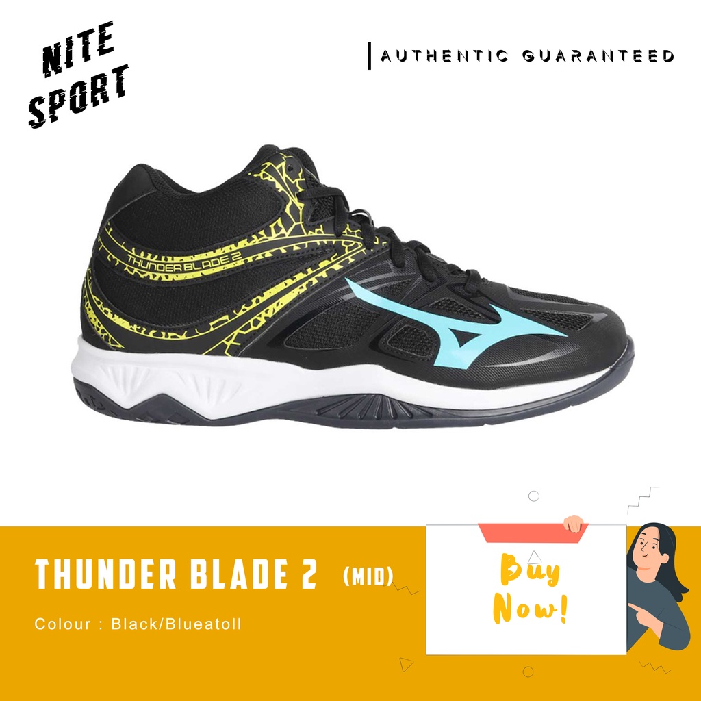Sepatu Volly Mizuno Thunder Blade 2 Mid Black Blue Atoll Flash