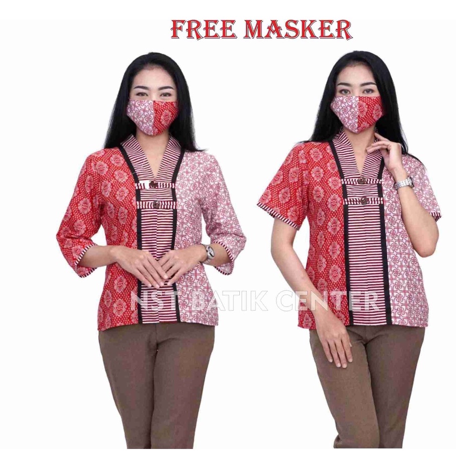 Boluse Batik WAnita - Atasan Batik - Blus Batik - Warna Merah Putih - Batik Wanita -S-M-L-XL-XXL-3L-