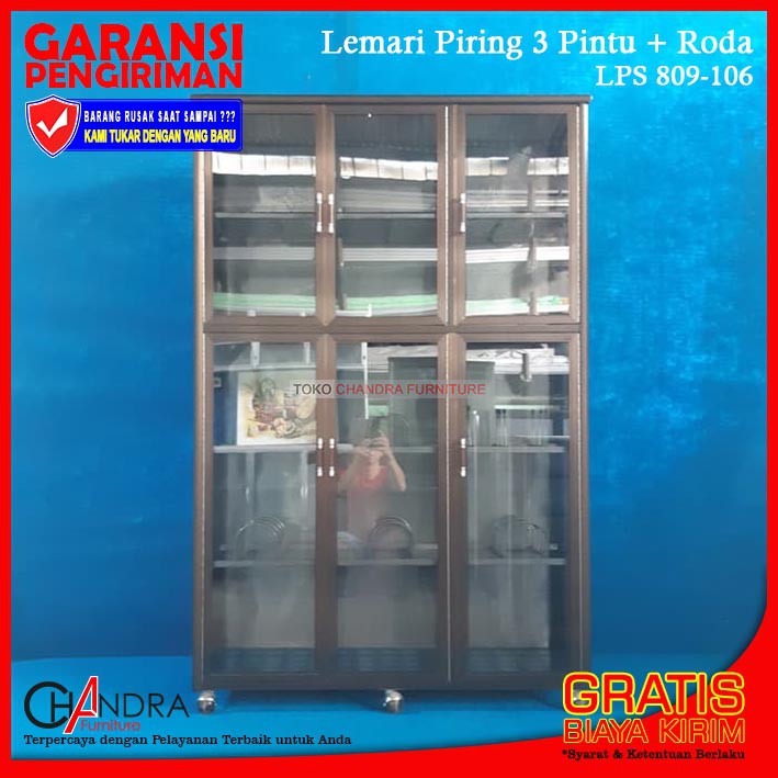 Lemari Rak Piring 3 Pintu Alumunium Brown + Roda Kaca Riben LPS 809-106 "Super"