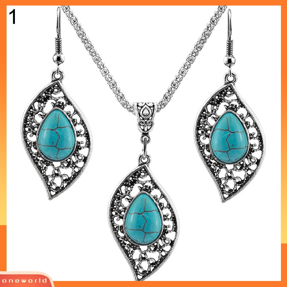 3pcs / Set Anting Liontin Daun Kura-Kura Turquoise Tiruan Gaya Vintage Untuk Wanita