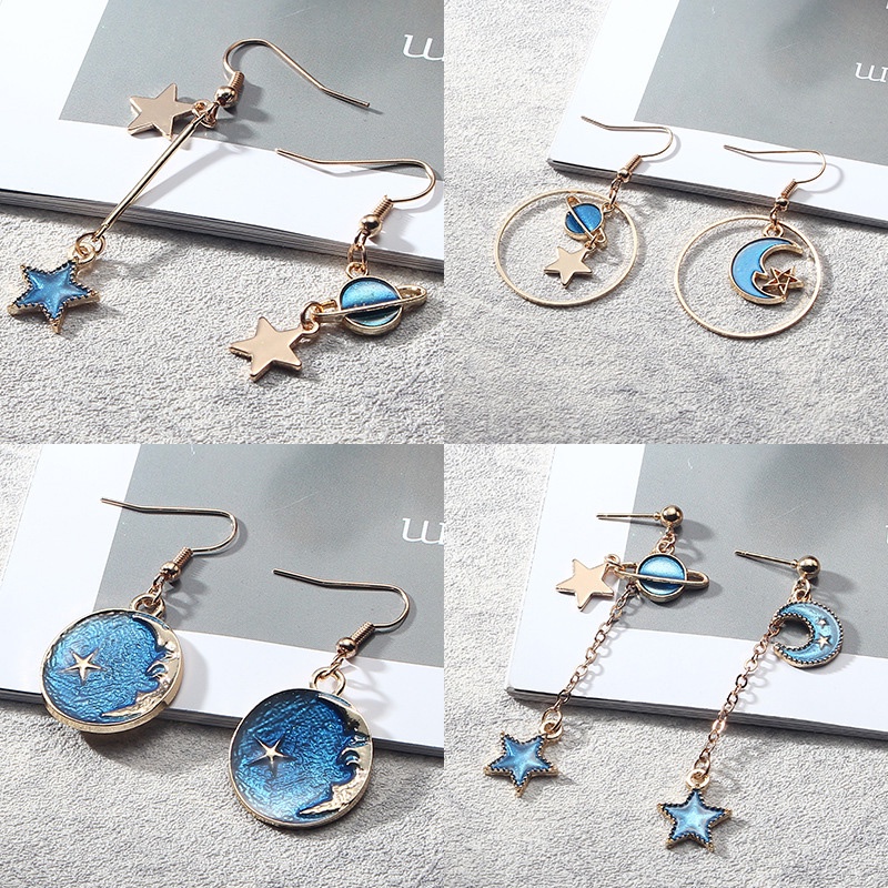 Anting Rumbai Panjang Asimetris Desain Planet Bintang Biru