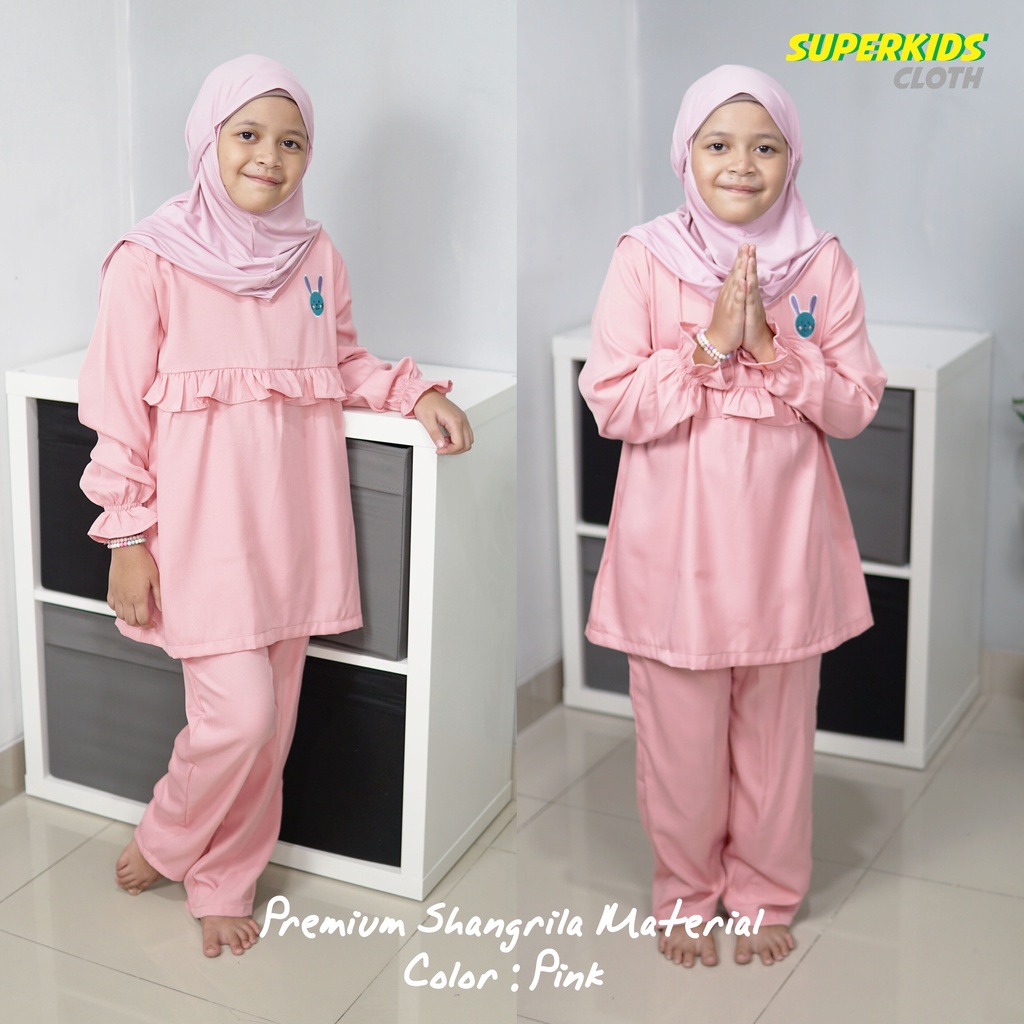 Setelan Baju Muslim Anak Perempuan Tunik Set Gamis Anak Perempuan Dress Anak SuperkidsCloth Pink Rabbit 1 - 10 Tahun