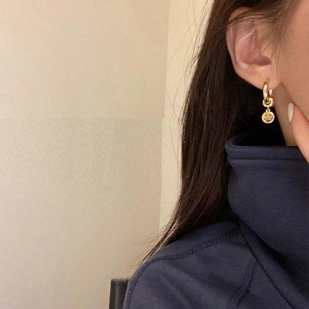 Nickolas1 Smiley Hoop Earrings French Lucu Beruntung Lingkaran Smiley Liontin Fashion Perhiasan Alloy Gaya Korea Wanita Ear Studs