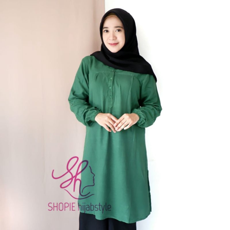 Tunik Polos Ijo Botol - Tunik Dark Green - Polos Rayon - Fathin Basic - Baju Bidan - Baju Kerja - Tu