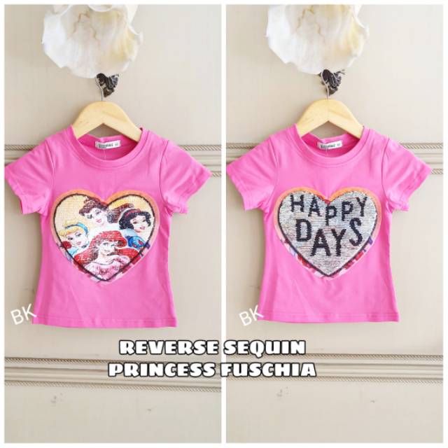 KAOS SEQUIN BERUBAH GAMBAR MOTIF PRINCESS AURORA BELLE CINDERELLA SNOW WHITE IMPORT BAGUS