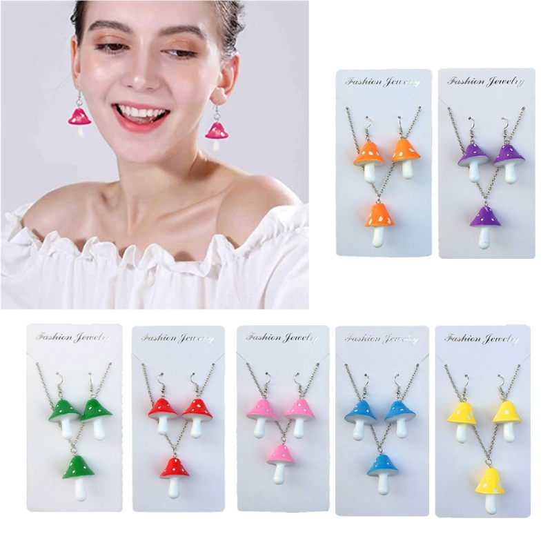 SIY  Colorful Mushroom Dangling Earrings Necklace Set Handmade Gummy Mushrooms Necklaces Rainbow Colored  Vegetables Jewelry