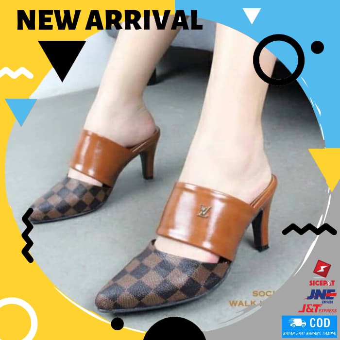 SEPATU HAK WANITA HIGH HEELS LV SEPATU HAK CEWEK KOTAK F07 TAN CS128
