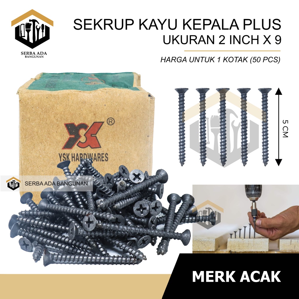 SKRUP KAYU 2&quot; X 9 (+) PLUS PANJANG 5CM / (HARGA 1 KOTAK - TIDAK DIECER) TERMURAH