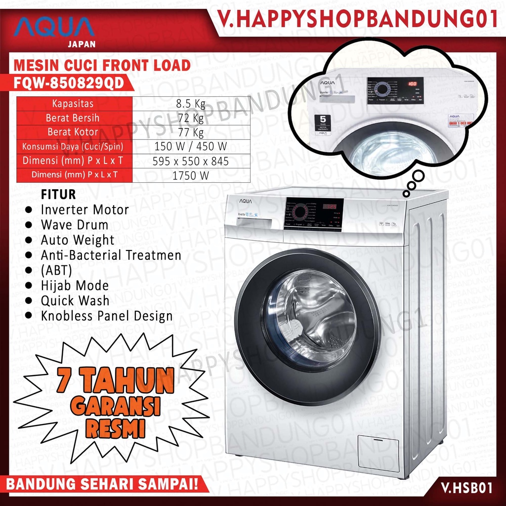 MESIN CUCI 1 TABUNG AQUA 8.5 KG FRONT LOAD FQW-850829QD FQW 850829 QD ECO Wash Series INVERTER GARAN