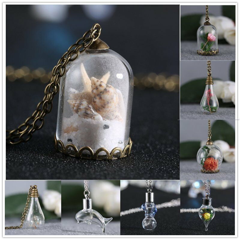 Kalung Rantai Handmade Dengan Liontin Botol Kaca Isi Benih Dandelion