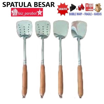 SPATULA Susruk Besar stainless PR 36cm / Susuk stainless / Sotil stainless / Sendok wajan / Berlubang - Pegangan kayu