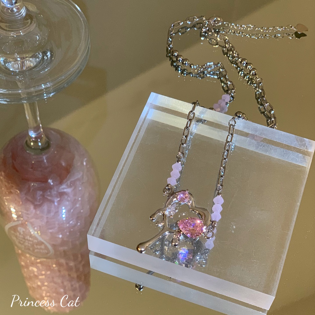 Kalung Rantai Liontin Hati Bahan Metal Hias Kristal Zircon Warna Pink Untuk Wanita