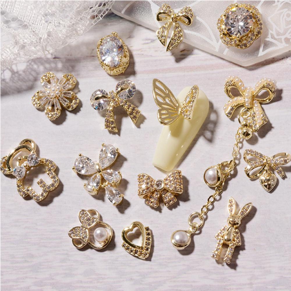 Needway Kuku Rhinestones Bunga Shiny Charms Butterfly Manicure Bear Zirkon Logam Liontin Rantai