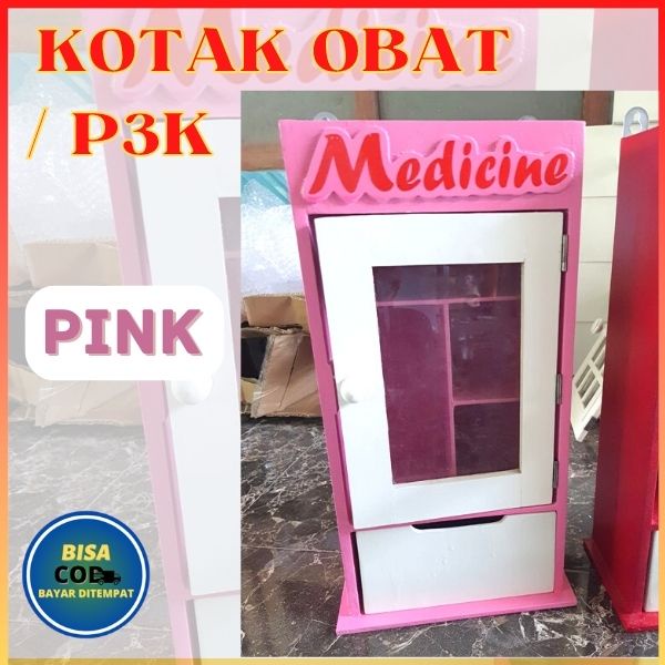 Kotak Obat P3K Kayu Warna Pink Kotak Penyimpanan Serbaguna Pelengkap Dekorasi Rumah Dengan Ukuran 24