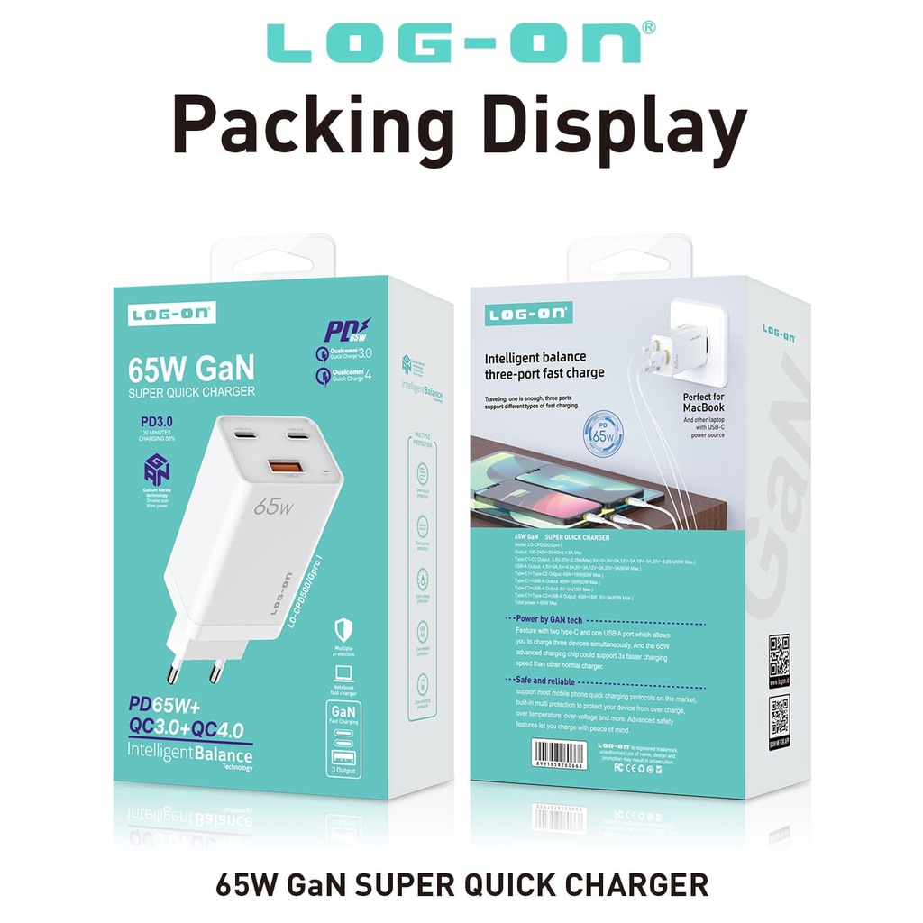 PROMO LOG-ONN SUPER QUICK CHARGER 65W GAN LO-CPD500 TEKNOLOGI GAN FAST CHARGER VOOC OPPO