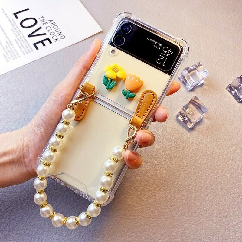 Casing Samsung Galaxy Z Flip 3 2021 Anticrack With Rantai Mutiara Chain Pearl Fashion Case