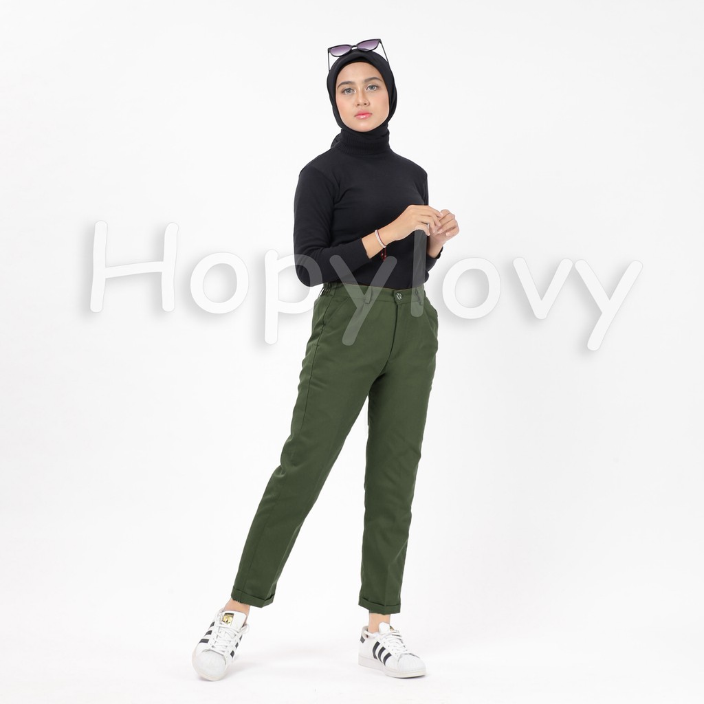 HOPYLOVY - Celana Kantor Baggy Pants Drill / Celana Bahan Panjang Wanita