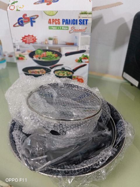 Panci Set Enamel Gsf G-2630 Frypan Tutup Kaca Wajan Wok Dan Saucepan
