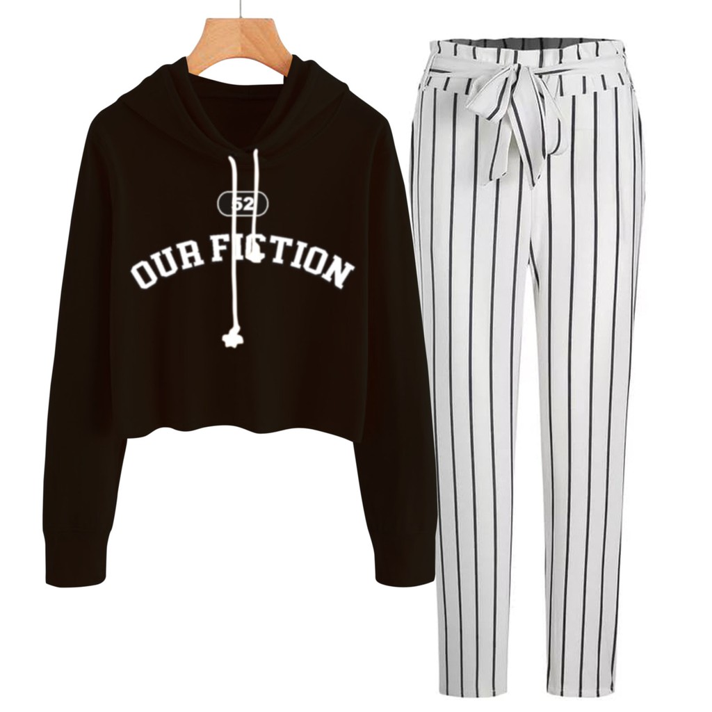 BESS - Baju Setelan Wanita Murah / Setelan Hoodie Crop + Celana Salur Putih - OUR FICTION