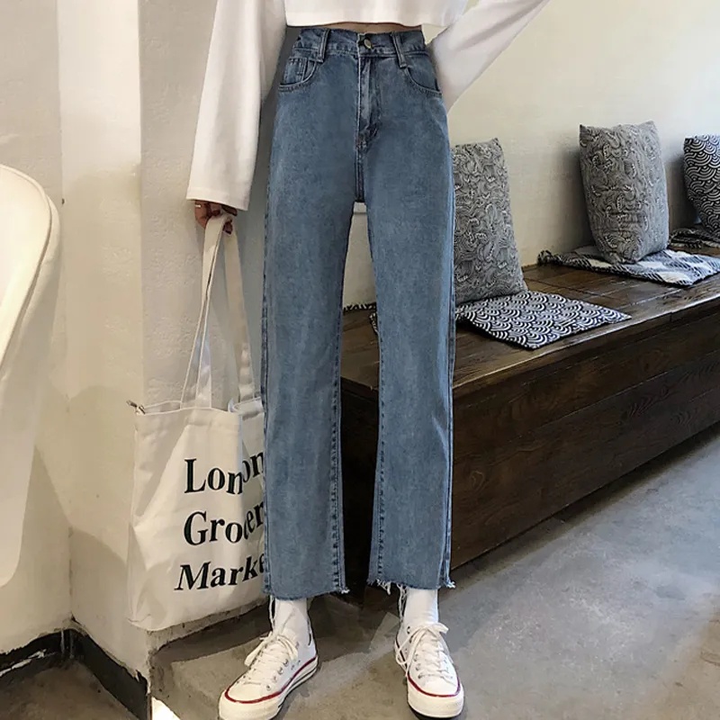 Retro pinggang tinggi longgar lurus denim gadis mahasiswa celana lebar kaki serbaguna jeans