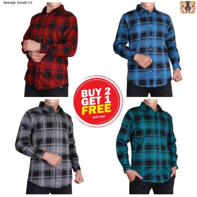 BG Kotak OT Kemeja Hem Kem Pria Lengan Panjang Motif Kotak Jepang Korea Trendy Modern Slimfit Katun