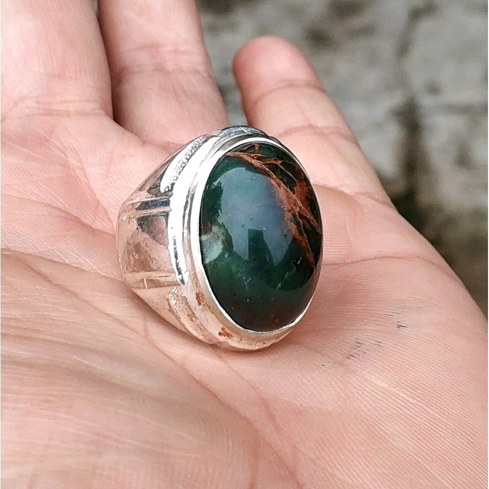 CINCIN BATU AKIK NATURAL GREEN SERPENTINE IN CHALCEDONY