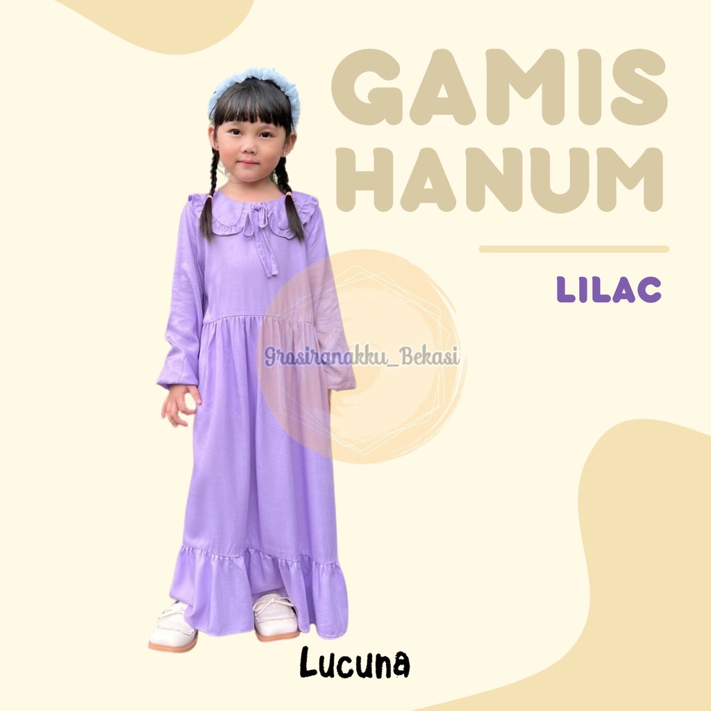 Gamis Rayon Anak Hanum Lucuna Warna Lilac Size 2-10 Thn