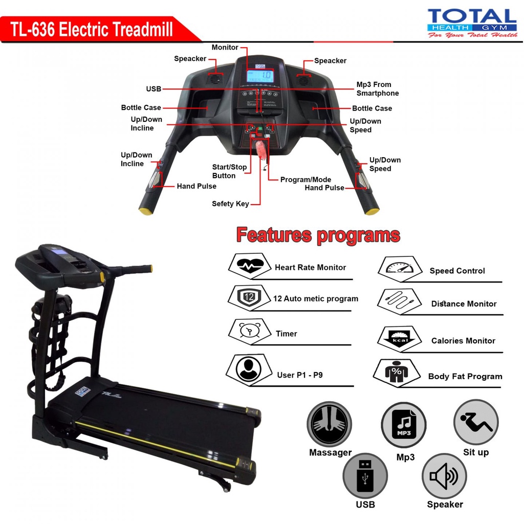 TOTAL HEALTH GYM - New Alat Olahraga Fitness Gym Sport Walking Pad Treadmill Listrik Elektrik Motor 2 HP TL 636 Auto Incline