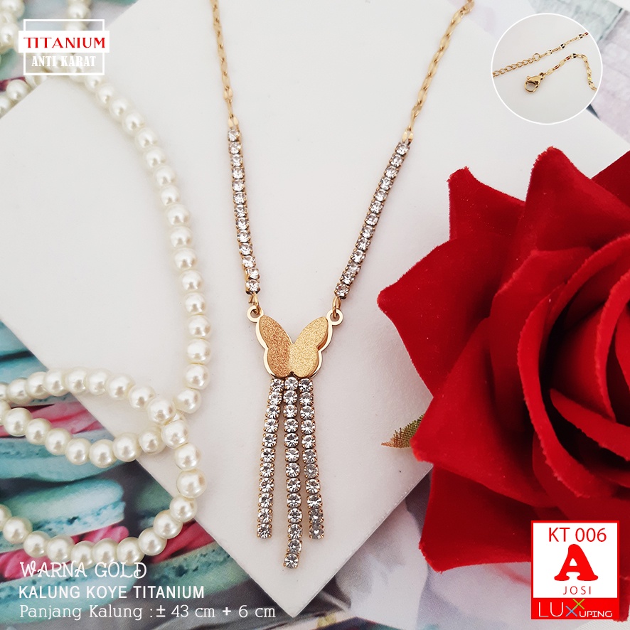 KT 006 Kalung Titanium Kupu Permata Sirkon Anti Karat Perhiasan Kalung Pesta Emas Silver Rose Gold Luxx Xuping