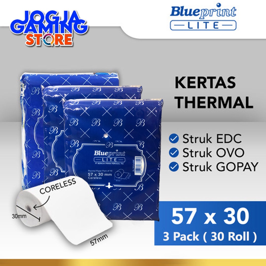 

KERTAS THERMAL MURAH KASIR PPOB KARCIS PARKIR BLUEPRINT LITE 57x30 - 3 Pack 30 Rol