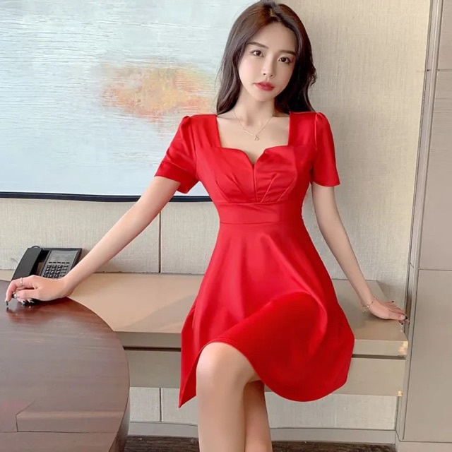 Korean Short Sleeve Square Neck Mini Dress Wanita Lengan Pendek 1405 (S/M/L/XL)