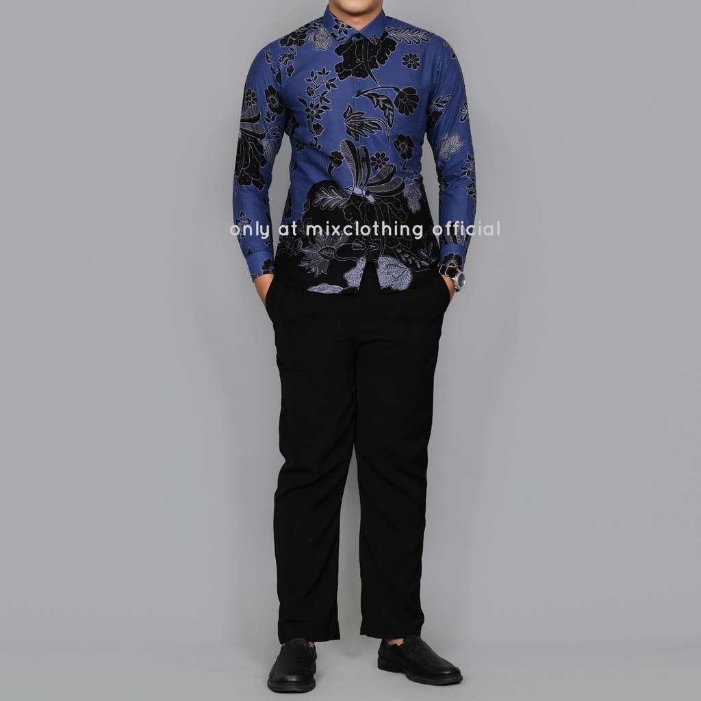 New Premium Baju Kemeja Batik Pria SlimFit Lengan Panjang Capung Biru 1846