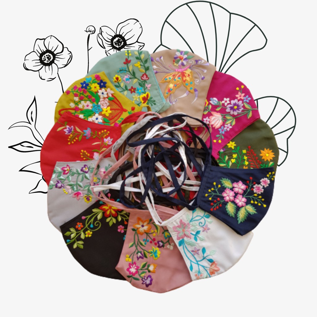 Masker Kain Tali Wanita Hijab Bordir Manual Handmade Premium / Masker Custom Bordir